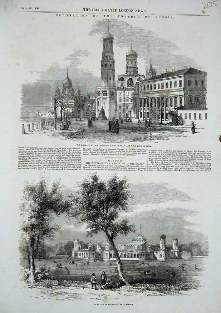 Original Old Antique Print 1856 Emperor Russia Kremlin Moscow Palace Petrowski