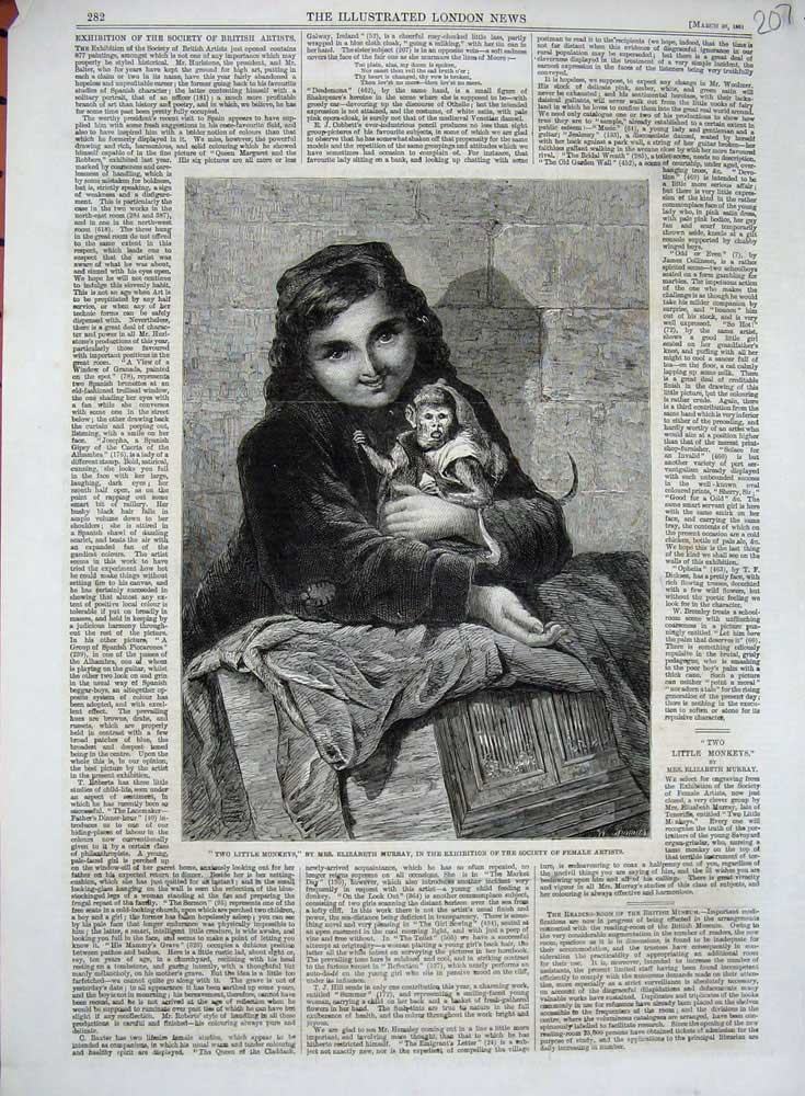 Original Old Antique Print 1861 Two Little Monkeys Elizabeth Murray Girl Animal