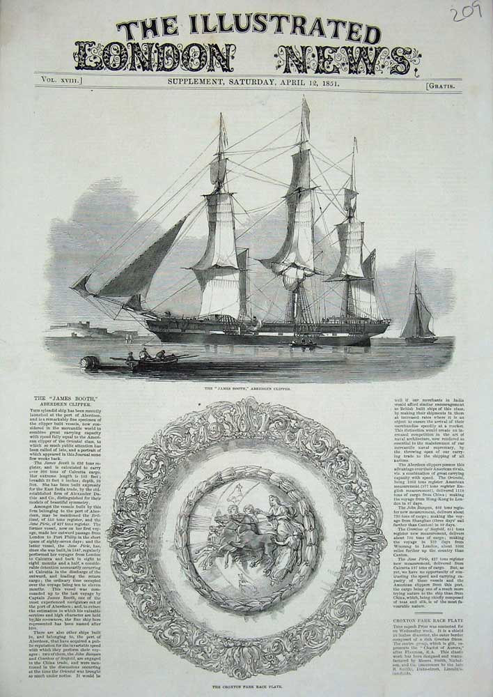 Original Old Antique Print 1851 James Booth Aberdeen Clipper Croxton Race Plate