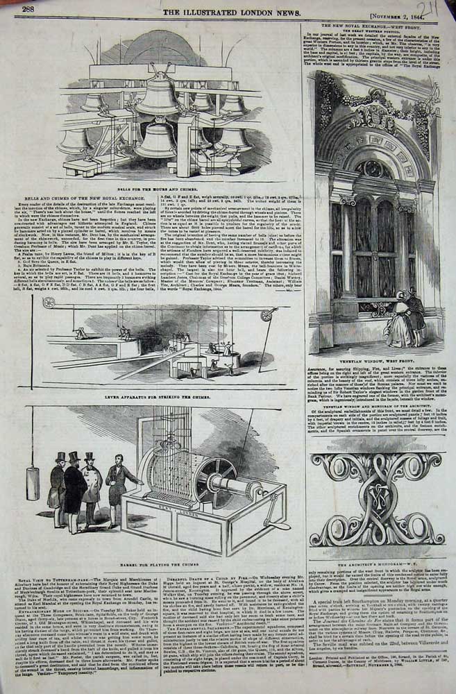 Original Old Antique Print 1844 Bells Chimes Royal Exchange Architect Monogram