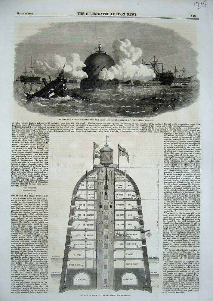 Old Antique Print 1860 Impregnable Iron Fortress Defence United Kingdom 19th