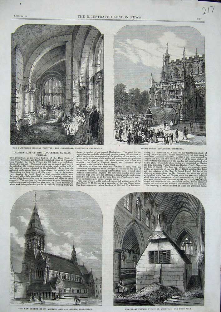 Old Antique Print Gloucester Cathedral 1865 St Michael Church Shoreditch 19th