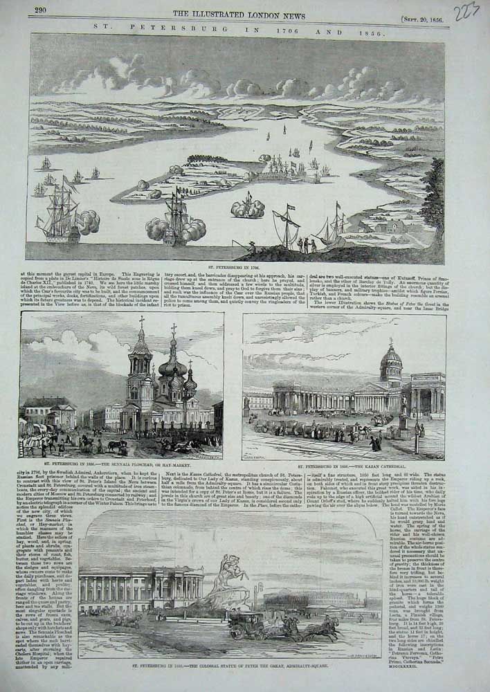 Old Antique Print 1856 Russia Statue Peter Kazan Cathedral St Petersburg 19th
