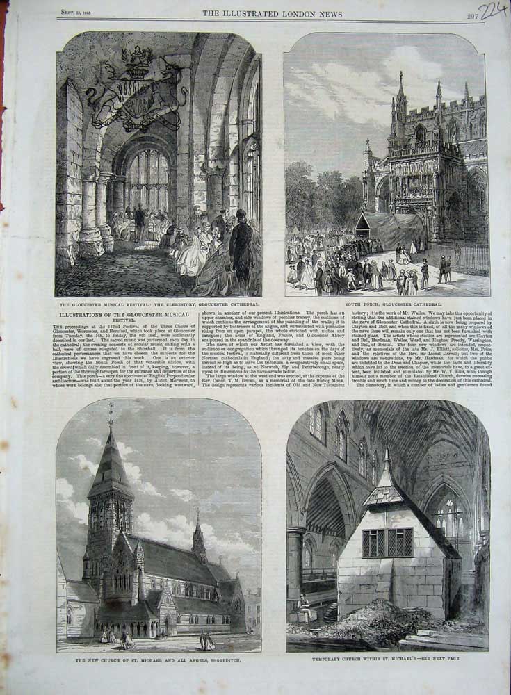 Original Old Antique Print 1865 Church Michael Shoreditch Gloucester Cathedral