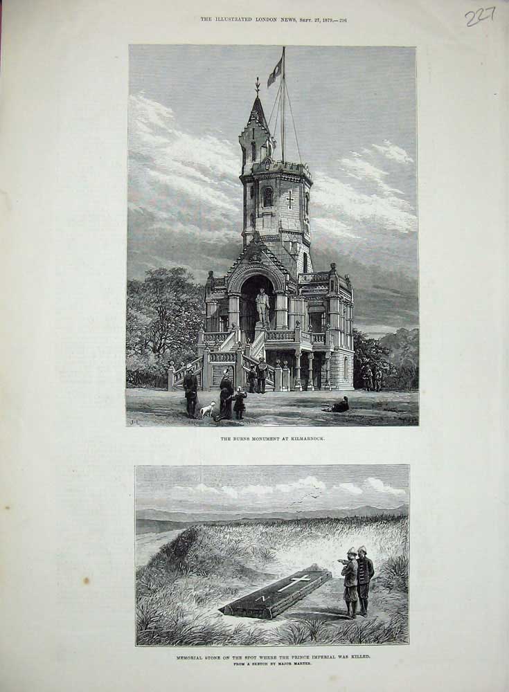 Old Antique Print 1879 Burns Monument Kilmarnock Memorial Stone Imperial 19th