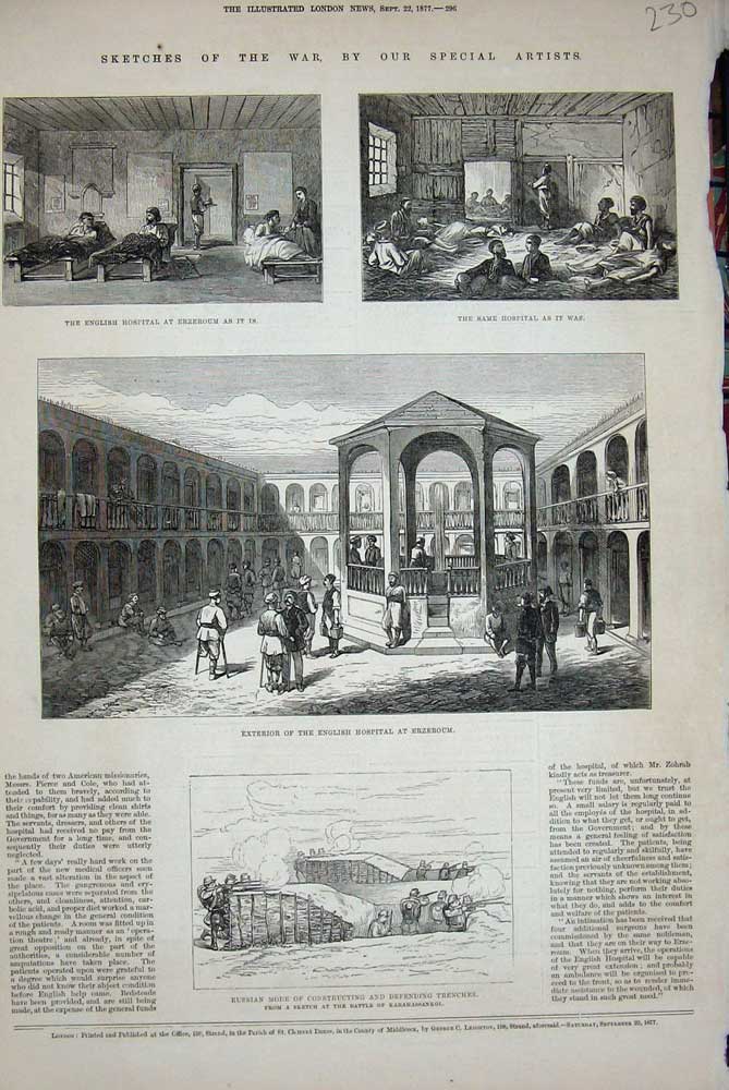 Original Old Antique Print 1877 Russian Trenches English Hospital Erzeroum War
