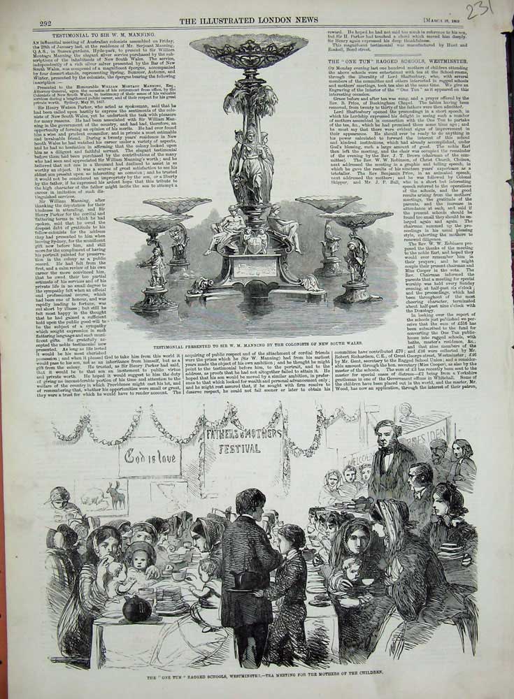 Original Old Antique Print Ragged School Westminster 1859 Testimonial Manning