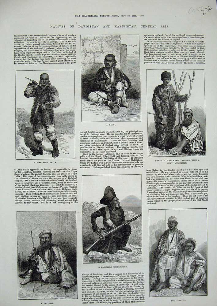 Old Antique Print 1874 Natives Asia Ghilgiti Cashmere Posh Kafir Chilasis 19th