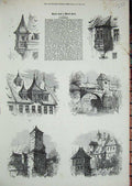 Original Old Antique Print 1872 Nuremberg Architecture Buildings Archway Tower
