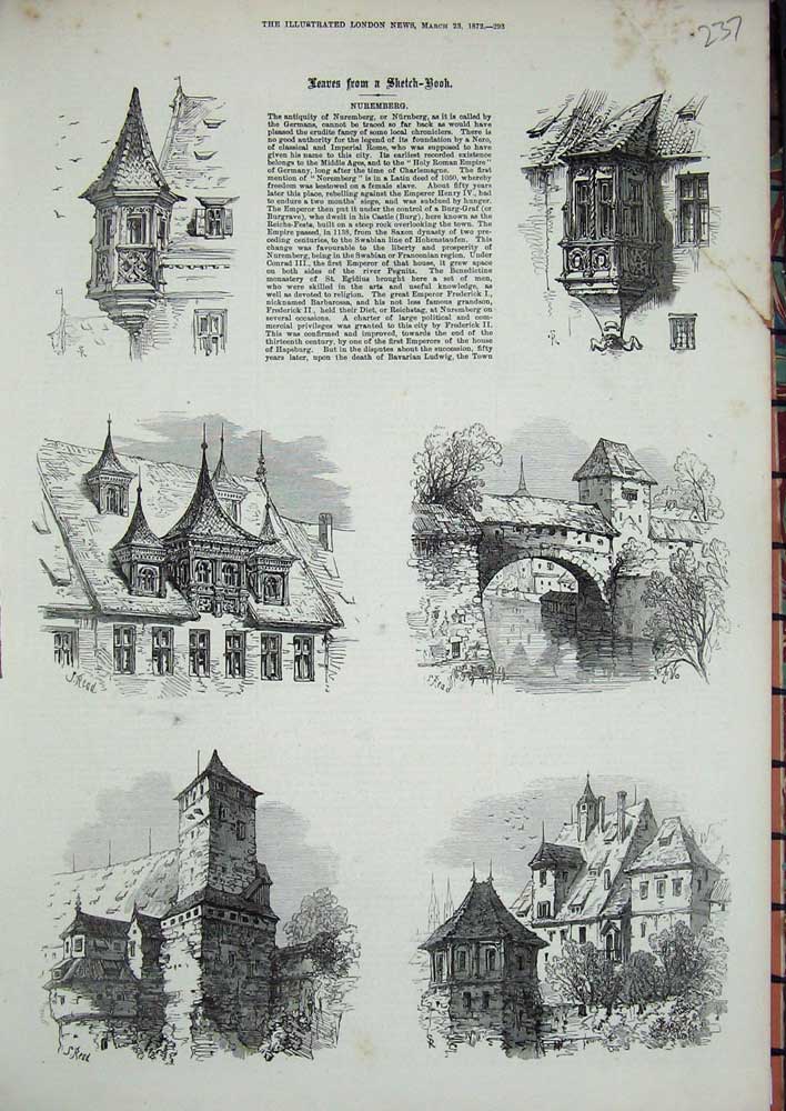 Original Old Antique Print 1872 Nuremberg Architecture Buildings Archway Tower