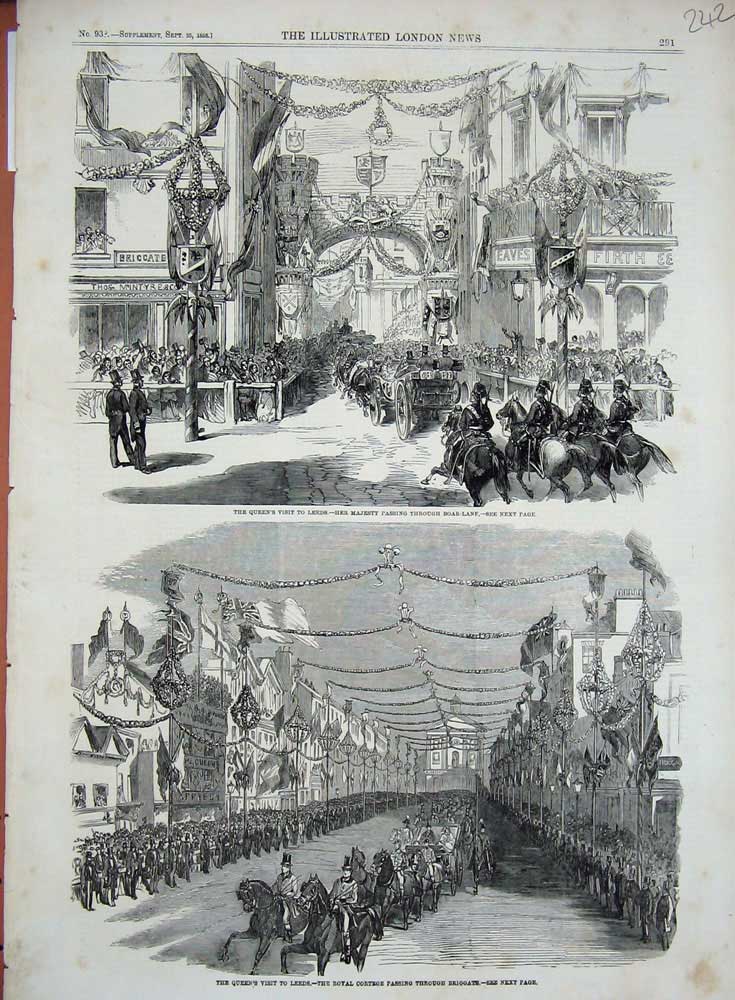 Old Antique Print 1858 Queen Leeds Royal Cortege Briggate Boar-Lane Horse 19th