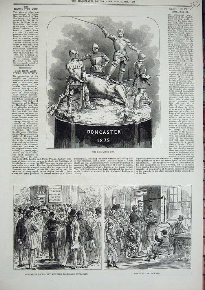 Old Antique Print 1875 Doncsater Cup Races Horses Sport Jockey Weighing 19th