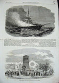 Original Old Antique Print 1855 Burning Ship Madonna Belfast Funeral Don Carlos