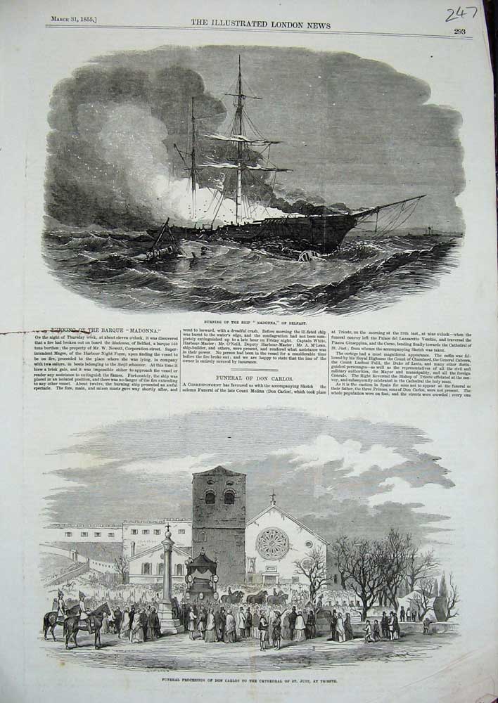 Original Old Antique Print 1855 Burning Ship Madonna Belfast Funeral Don Carlos