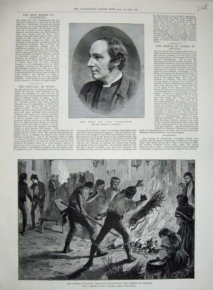Old Antique Print 1885 Rev. John Wordsworth Cholera Spain Granada Fires 19th