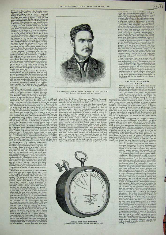 Old Antique Print 1880 Stratton Manager Seaham Colliery Ansell Fire-Damp 19th
