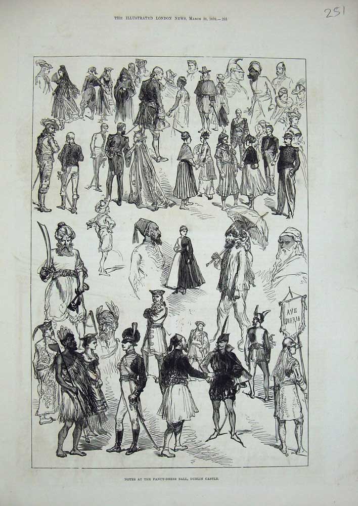 Antique Old Print *0289 1876 Fancy Dress Ball Dublin Castle Ireland Costumes