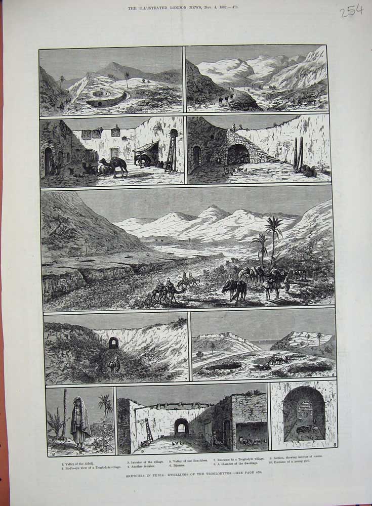 Original Old Antique Print 1882 Tunis Dwellings Troglodytes Adedj Djuama Valley