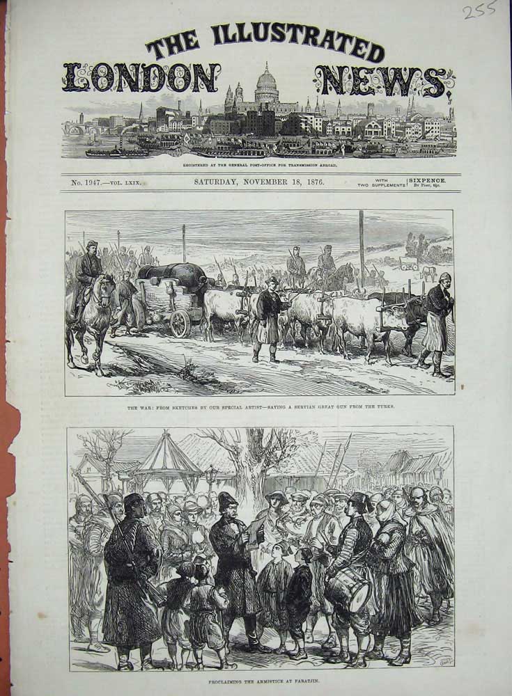 Original Old Antique Print 1876 War Servian Great Gun Armistice Paratjin Siers