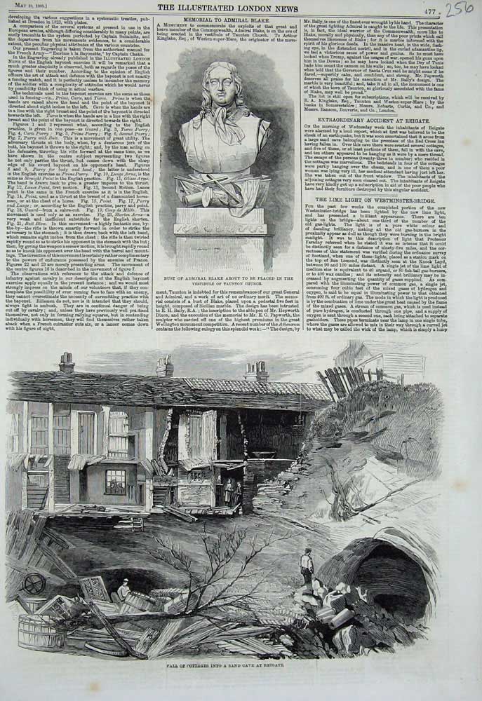 Original Old Antique Print 1860 Bust Admiral Blake Cottages Sand Cave Reigate