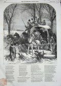 Original Old Antique Print 1850 Country Road Scene Winter Snow Horse Carriage