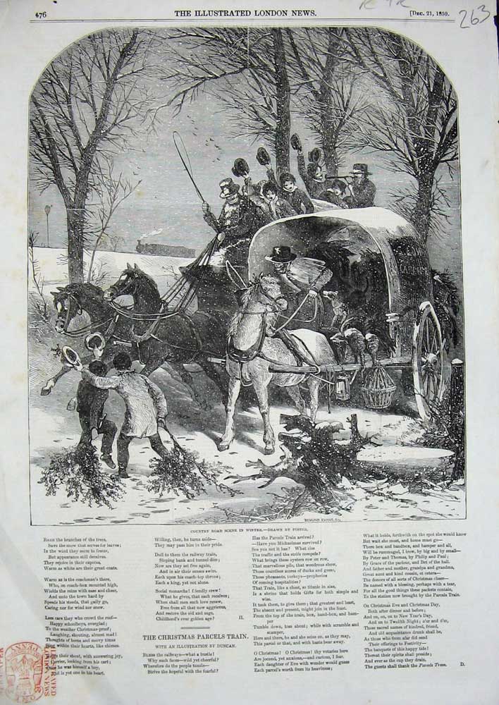 Original Old Antique Print 1850 Country Road Scene Winter Snow Horse Carriage