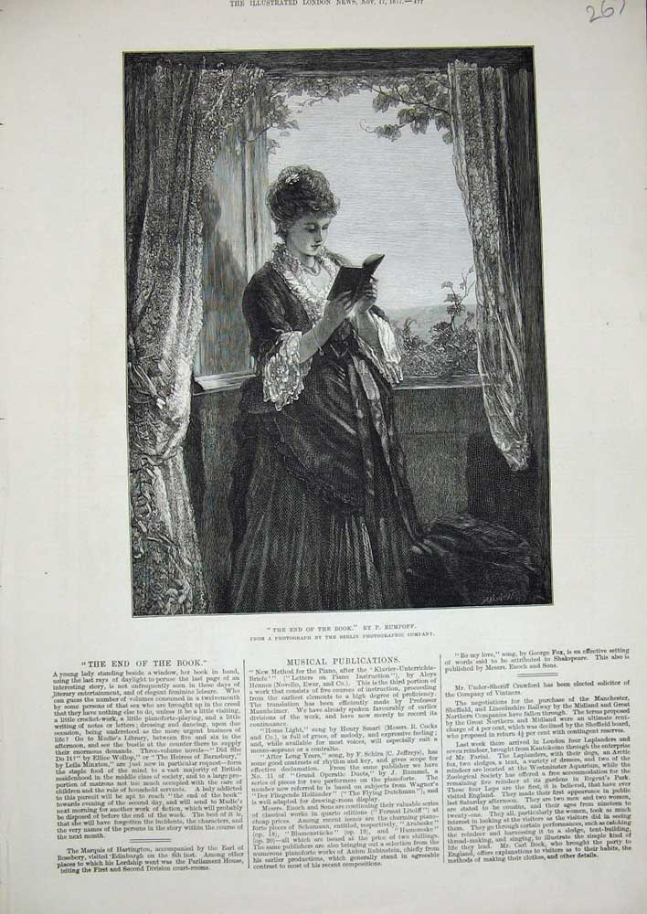 Original Old Antique Print Young Lady Reading Book Window 1877 Rumpoff Fine Art