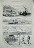 Original Old Antique Print 1884 Nile Egypt Royal Engineers Railway Train Ibreem