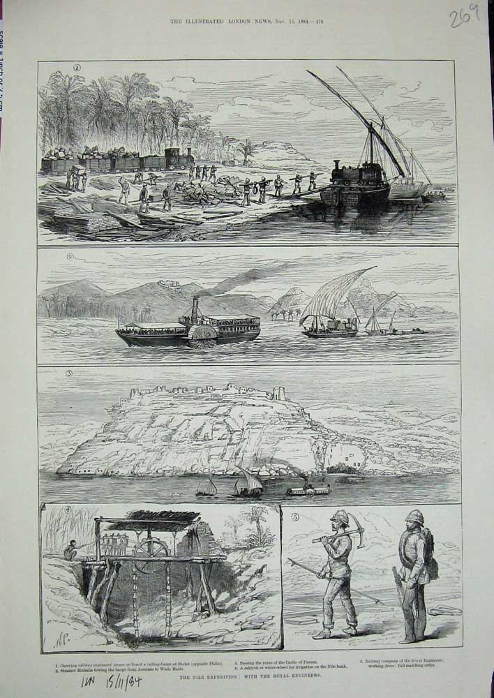 Original Old Antique Print 1884 Nile Egypt Royal Engineers Railway Train Ibreem
