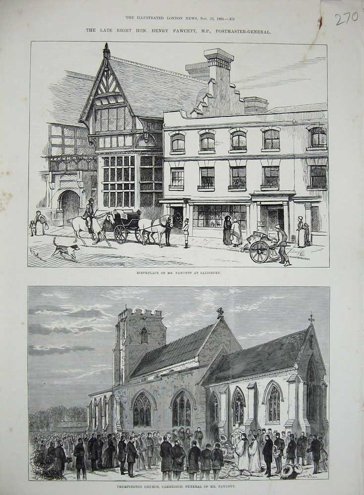 Original Old Antique Print 1884 Fawcett Salisbury Trumpington Church Cambridge