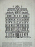 Old Antique Print Courts Justice Central Hotel Strand Law 1883 Building 19th