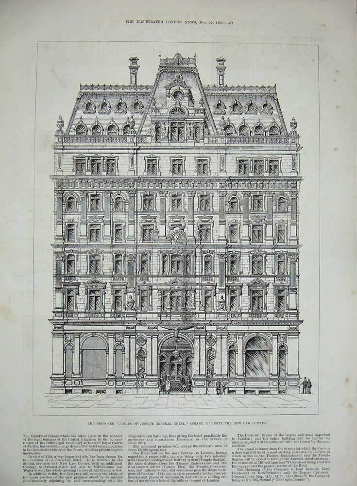 Old Antique Print Courts Justice Central Hotel Strand Law 1883 Building 19th