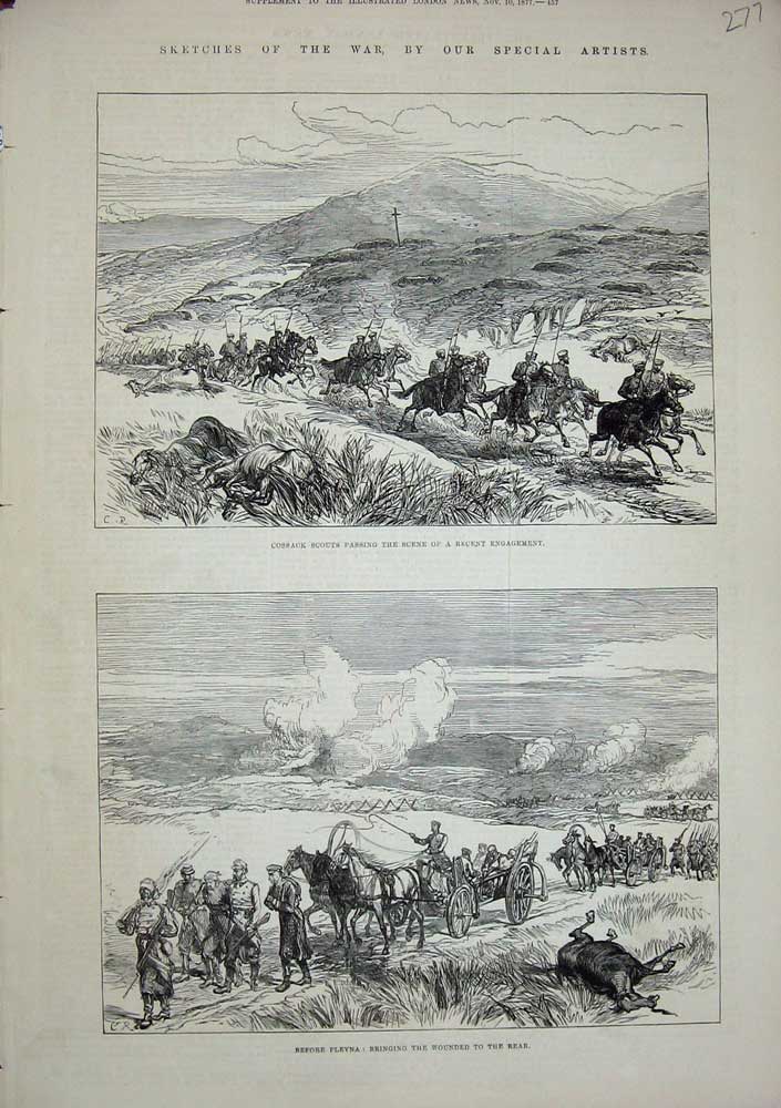 Original Old Antique Print 1877 War Cossack Scouts Plevna Wounded Siers Horses
