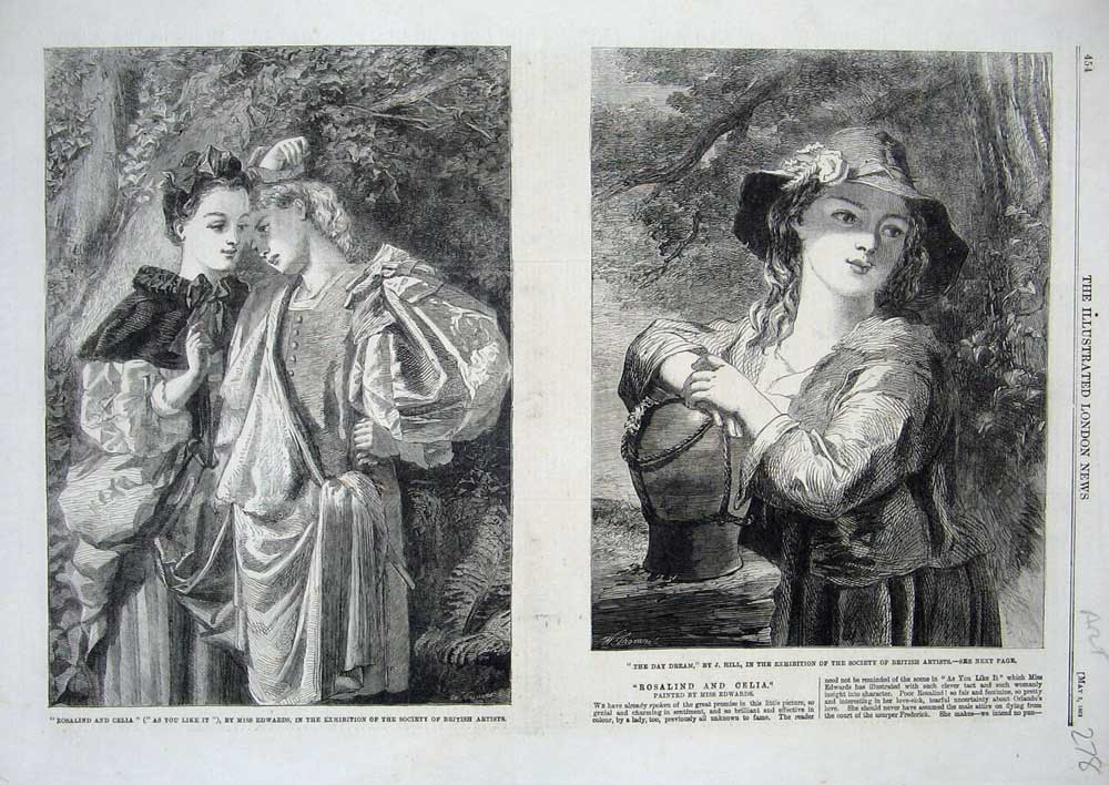 Original Old Antique Print 1862 Art Rosalind Celia Edwards Dream Beautiful Girl