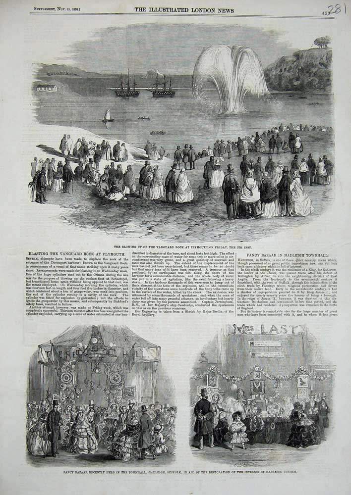 Original Old Antique Print 1858 Blowing Vanguard Rock Plymouth Hadleigh Church