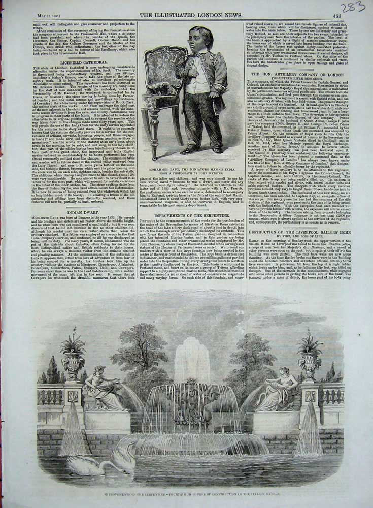 Old Antique Print 1860 Mohammed Baux Fountain Italian Garden Serpentine 19th