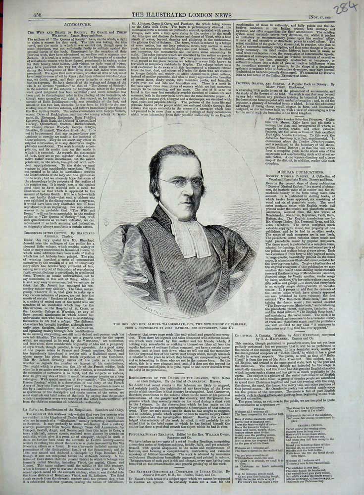 Original Old Antique Print 1860 Portrait Rev. Samuel Waldegrave Bishop Carlisle