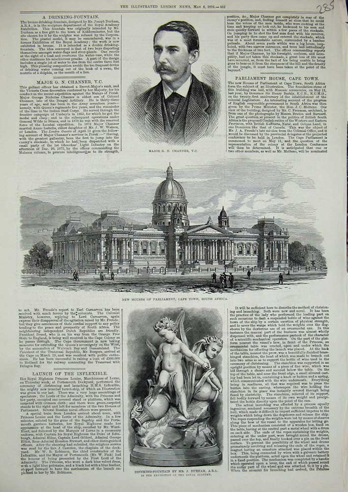 Original Old Antique Print 1876 Houses Parliament South Africa Channer Fountain