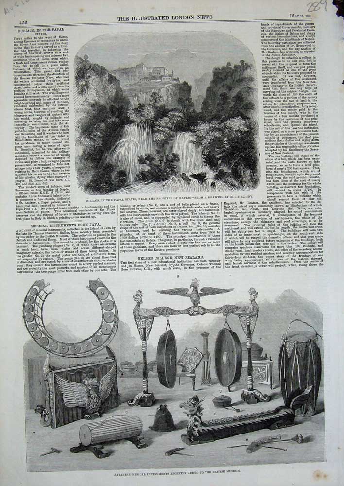 Old Antique Print Javanese Musical Instruments 1860 Subiaco Papal States 19th