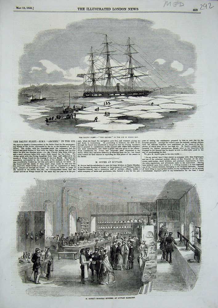 Original Old Antique Print 1855 Baltic Ship Archer Ice Wingo Bay Hospital Soyer
