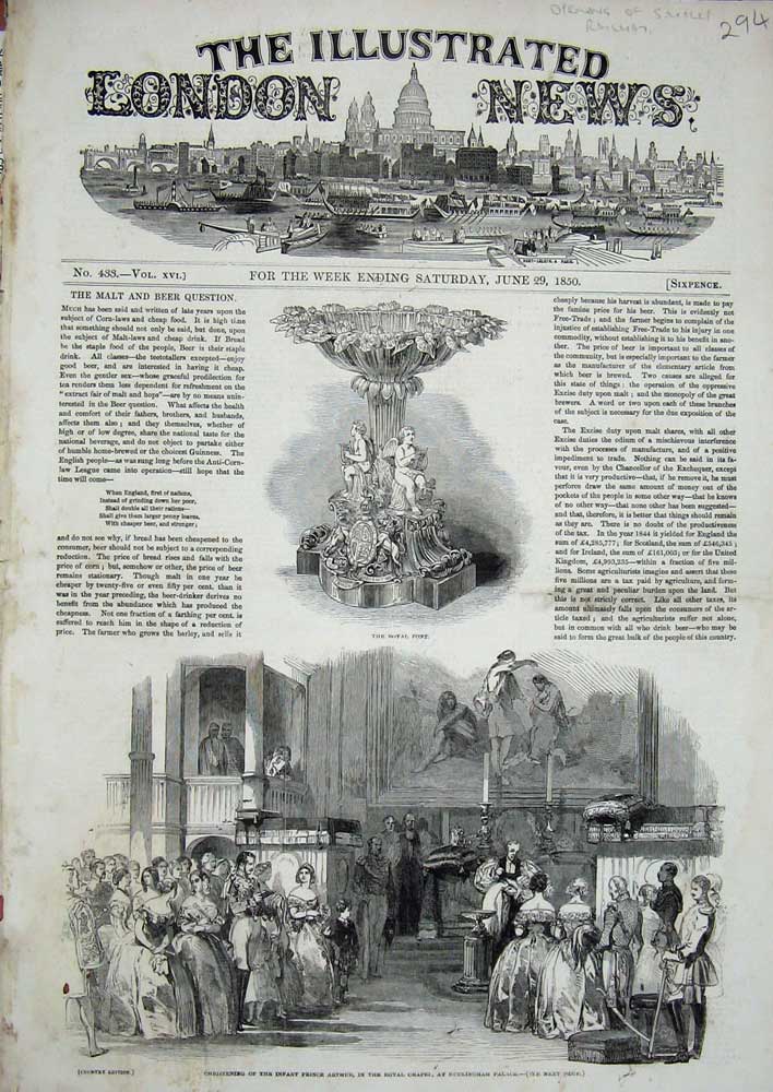 Original Old Antique Print 1850 Font Christening Baby Prince Arthur Buckingham