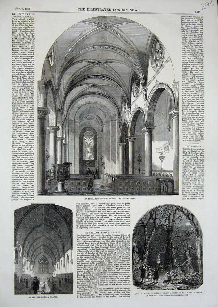 Old Antique Print 1859 Michael'S Church Cornhill Tunbridge School Chapel 19th