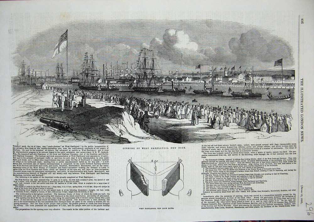 Old Antique Print 1852 West Hartlepol New Dock Gates Ships Flags People 19th