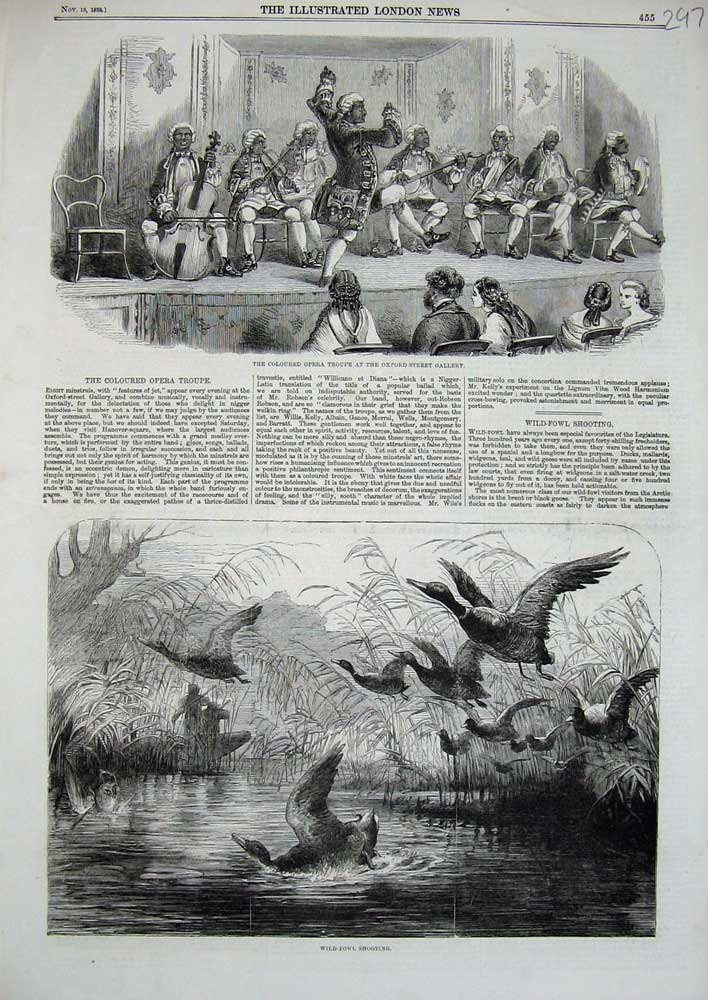 Old Antique Print 1858 Wild Fowl Bird Shooting Opera Troupe Oxford Street 19th
