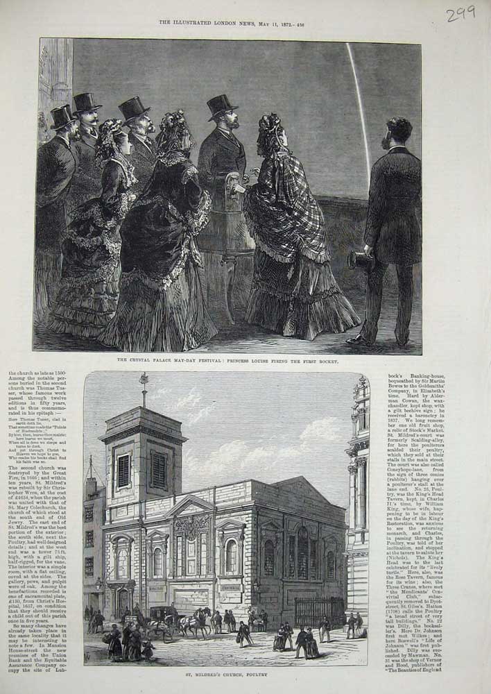 Old Antique Print 1872 Mildred'S Church Poultry Crystal Palace Louise May 19th