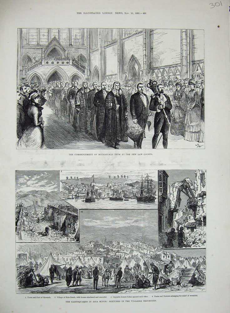 Old Antique Print 1883 Earthquakes Asia Minor Port Michaelmas Law Courts 19th
