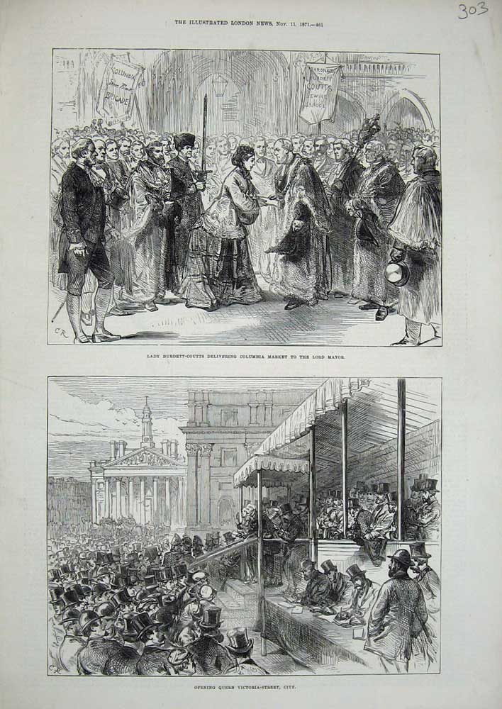 Original Old Antique Print 1871 Burdett-Coutts Lord Mayor Queen Victoria-Street