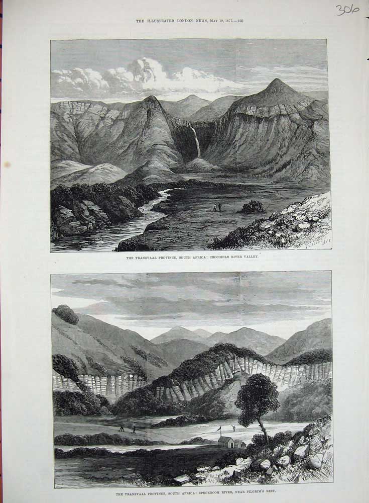 Old Antique Print 1877 Transvaal Africa Crocodile River Speckboom Pilgrim 19th