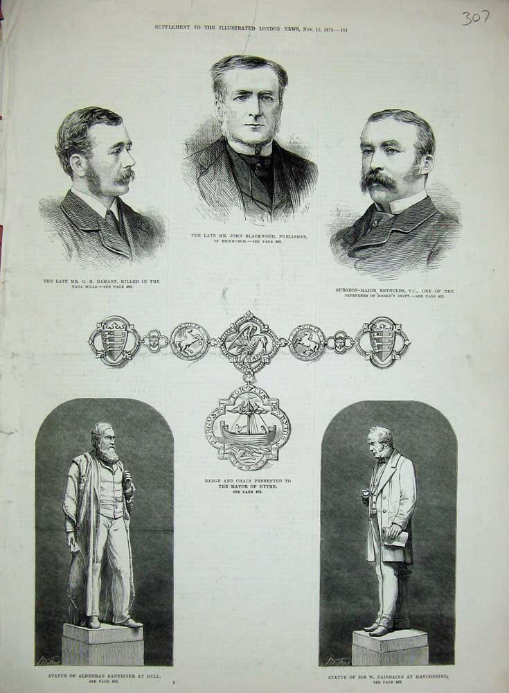 Original Old Antique Print 1879 Statue Bannister Fairburn Blackwood Damant War