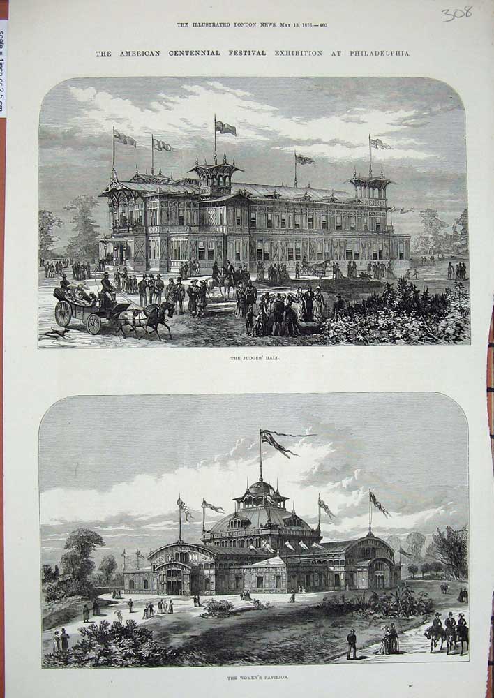 Original Old Antique Print 1876 American Centennial Exhibition Philadelphia